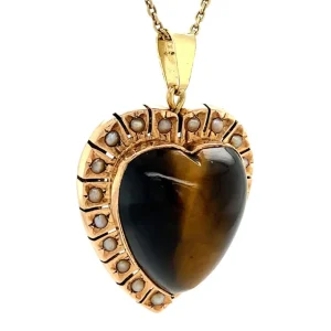 Clearance Gouden hart hanger met tijgeroog en parels 14 krt Gouden Hanger Met Edelsteen