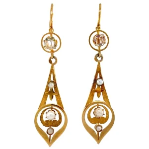 Hot Gouden oorhangers met parel en diamant 18 krt Oorbellen Met Edelsteen