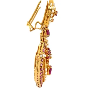 Clearance Gouden oorhangers met robijn en parel 20 krt Oorbellen Met Edelsteen