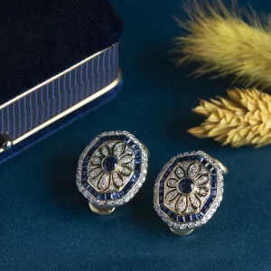 Hot Gouden oorhangers met saffier en diamant 18 krt Oorstekers | Oorbellen Met Edelsteen
