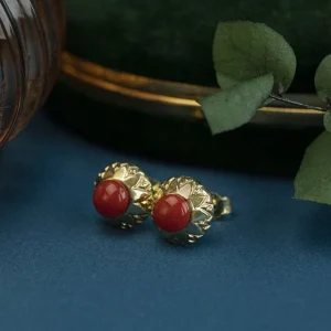 Sale Gouden oorstekers met bloedkoraal 14 krt Oorstekers | Oorbellen Met Edelsteen
