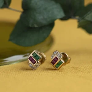 Discount Gouden oorstekers met diamant, smaragd en robijn 18 krt Oorstekers | Oorbellen Met Edelsteen