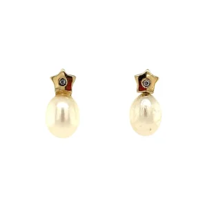 Clearance Gouden oorstekers met parel en zirkonia 14 krt Oorstekers | Oorbellen Met Edelsteen