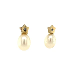 Clearance Gouden oorstekers met parel en zirkonia 14 krt Oorstekers | Oorbellen Met Edelsteen
