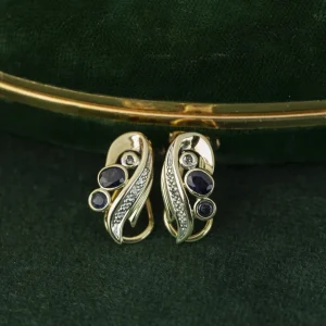 Clearance Gouden oorstekers met saffier en diamant 14 krt Oorstekers | Oorbellen Met Edelsteen