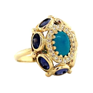 Hot Gouden ring met ioliet, turkoois en saffier 18 krt Ringen Met Edelsteen