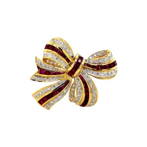 Online Gouden strik broche met robijn en diamant 18 krt Broches