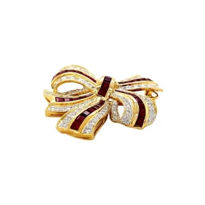 Online Gouden strik broche met robijn en diamant 18 krt Broches